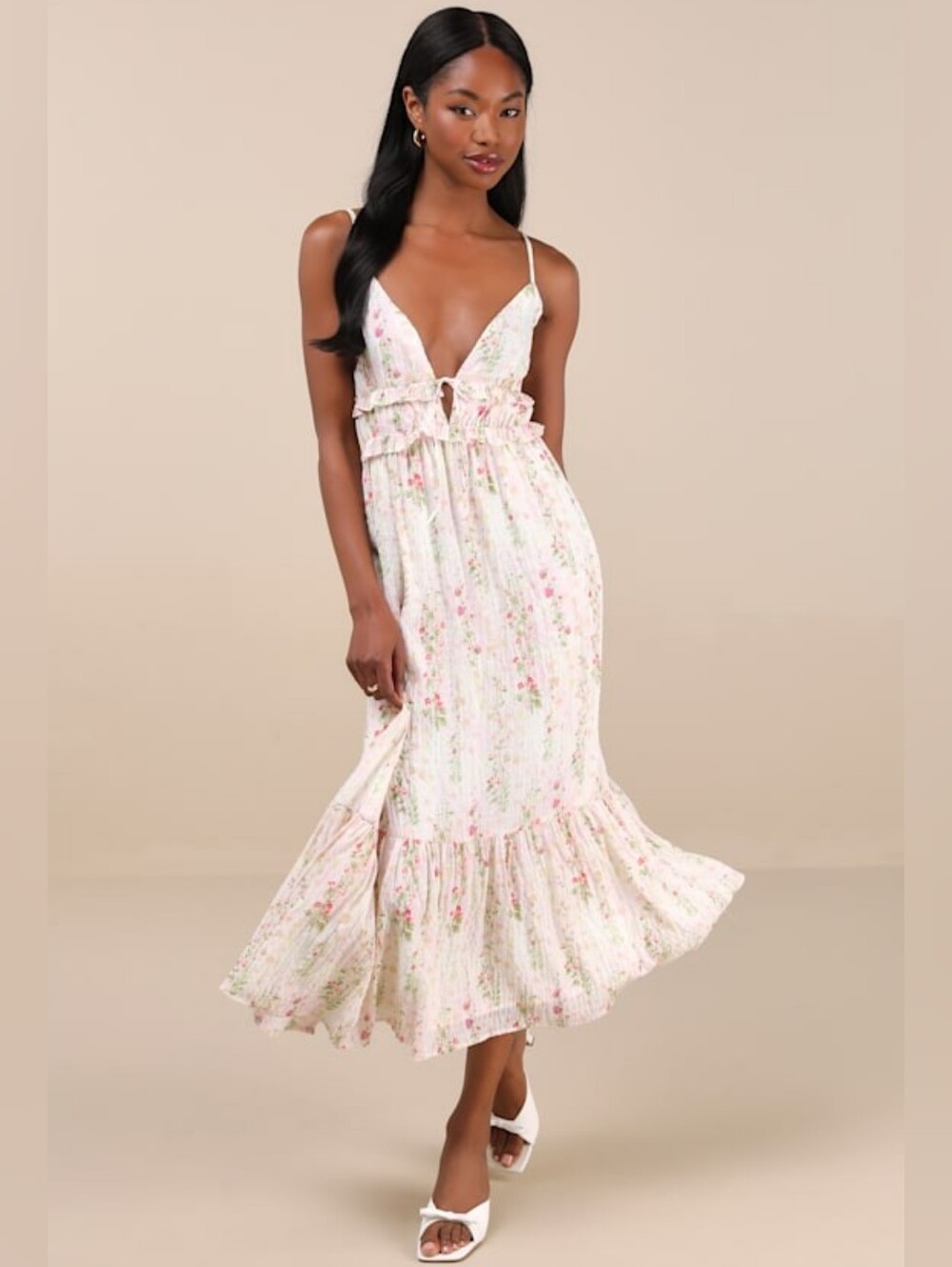 {Lulus} Sandi Ivory Multi Floral Tie-Front Midi Dress - SIZE Large